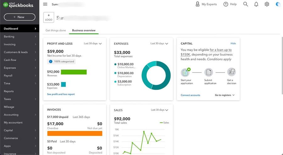 QuickBooks dashboard showing 92K revenue