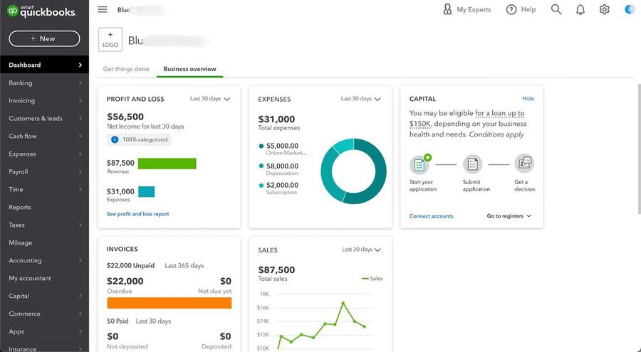 QuickBooks dashboard showing 87.5K revenue