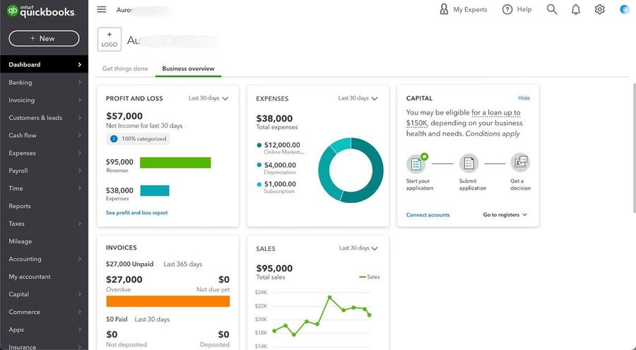 QuickBooks dashboard showing 95K revenue