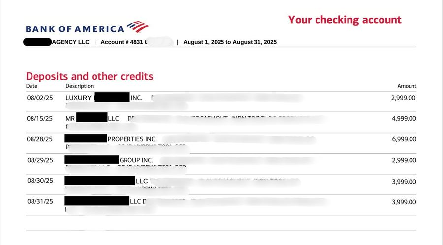 Bank of America statement showing 24,995 in deposits